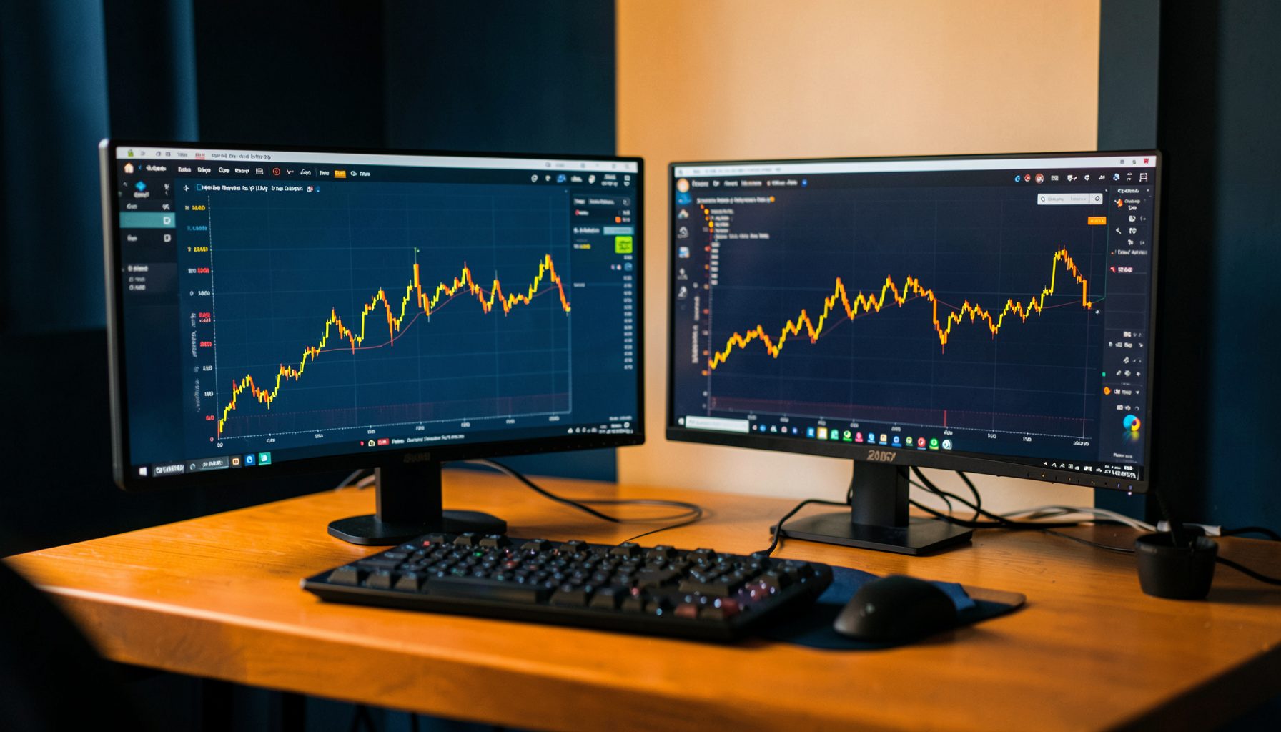 Bàn làm việc của trader với hai màn hình hiển thị biểu đồ giá màu xanh navy và vàng cam, không gian tối giản, tông màu xanh đậm và vàng ấm