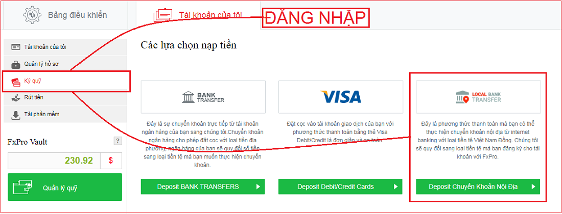 Fxpro- Nạp rút chuyển tiền bằng bank nội địa Việt Nam nhanh gọn